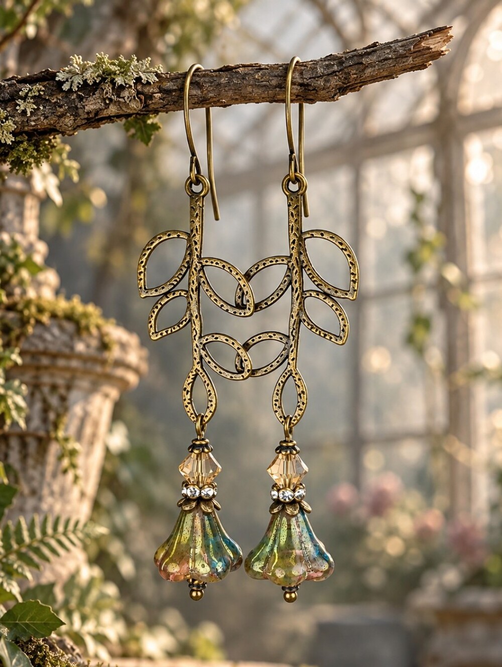 Olive Czech Glass Flower Earrings Antique Brass Leaf Hand Crafted